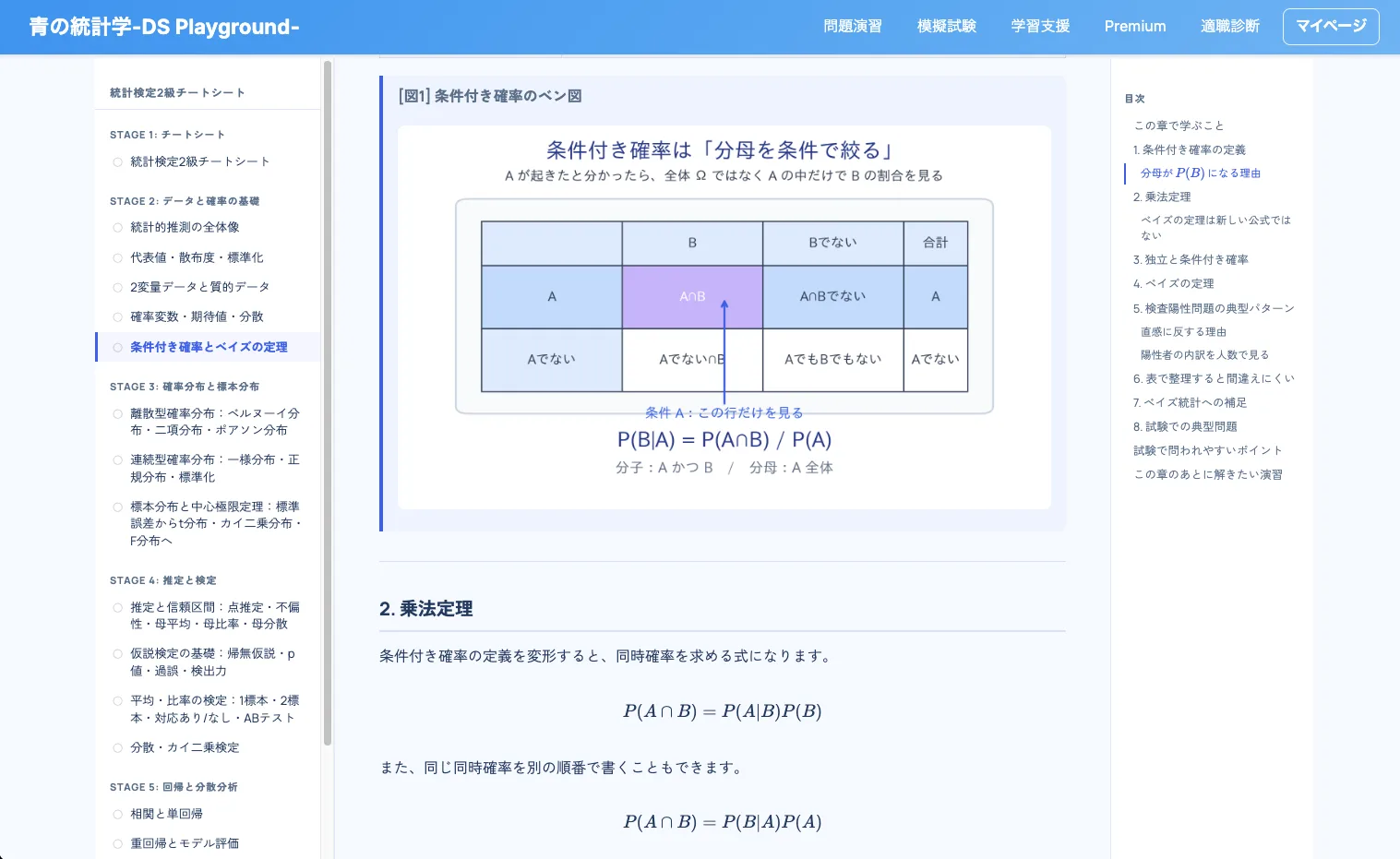 統計検定2級チートシートで条件付き確率を解説する画面